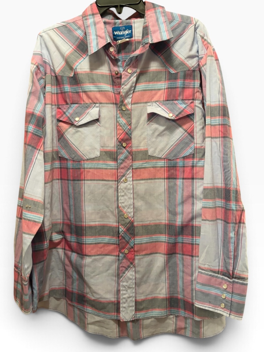 Wrangler Western Shirt Men’s XL 17-17.5 Plaid Pearl Snap Cowboy Long Sleeve